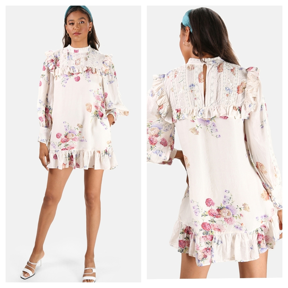 LOVESHACKFANCY Saffron Dress In Natural Cream Silk Floral Dress 4